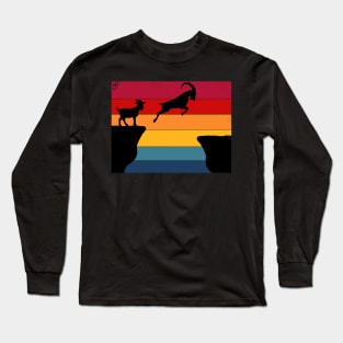 Vintage Retro Sunset Mountain Goats Jump Over Gap Long Sleeve T-Shirt